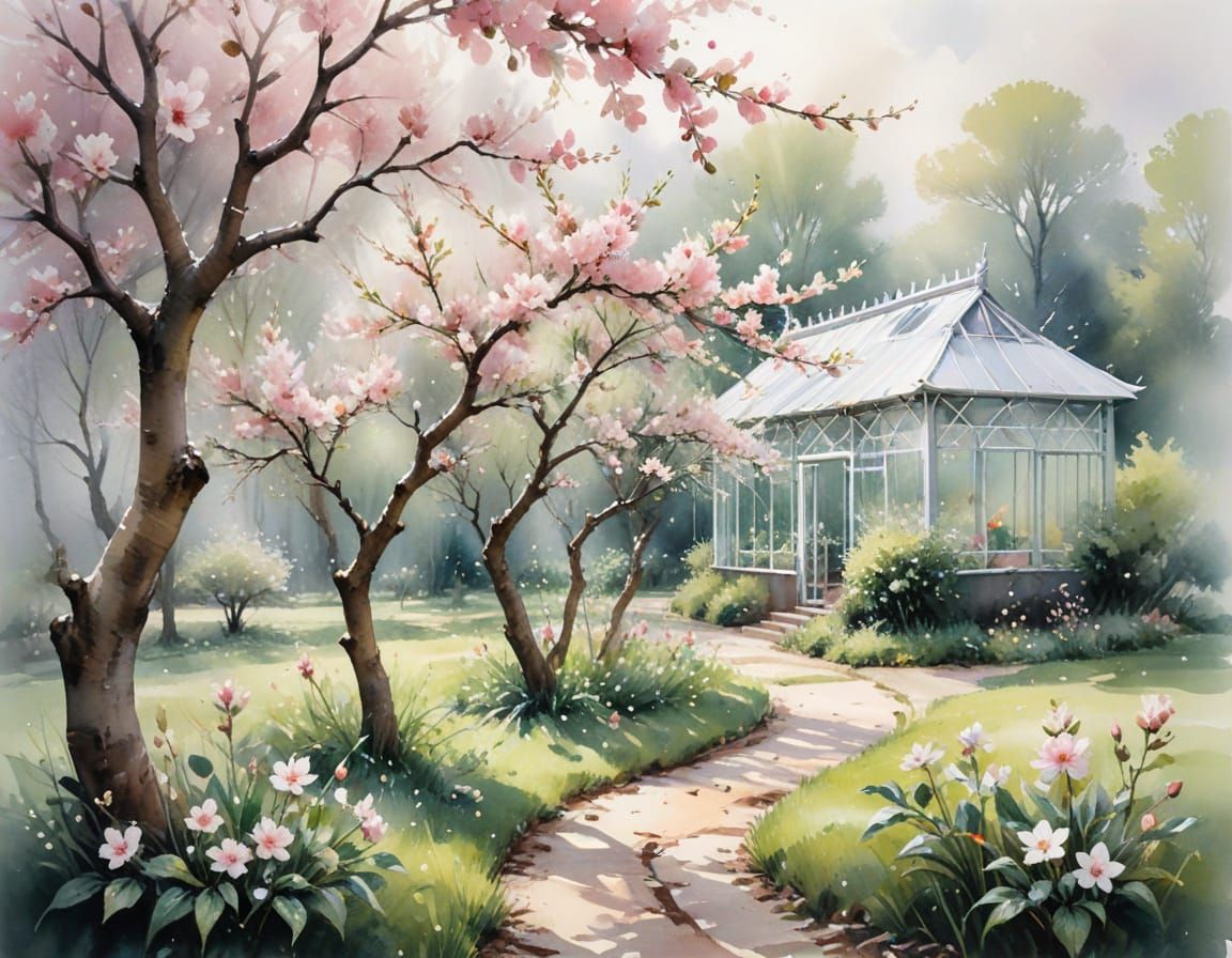 Spring Orchard Watercolor Painting with Blossoms and Glassho...