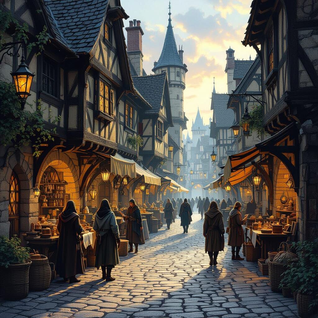 Medieval Marketplace at Dawn Fantasy Illustration
