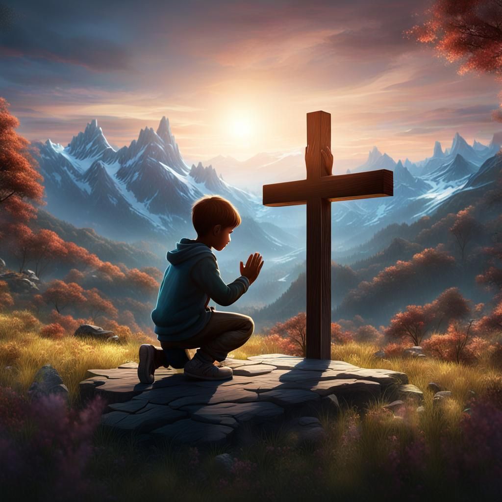 Child Praying at Cross in Mountain Landscape