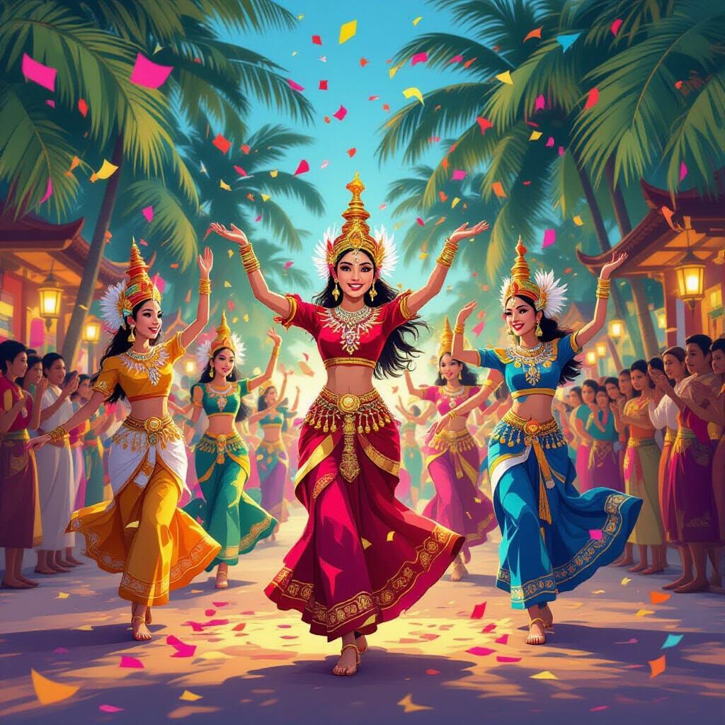 Cambodian New Year Dancers in Digital Art Style