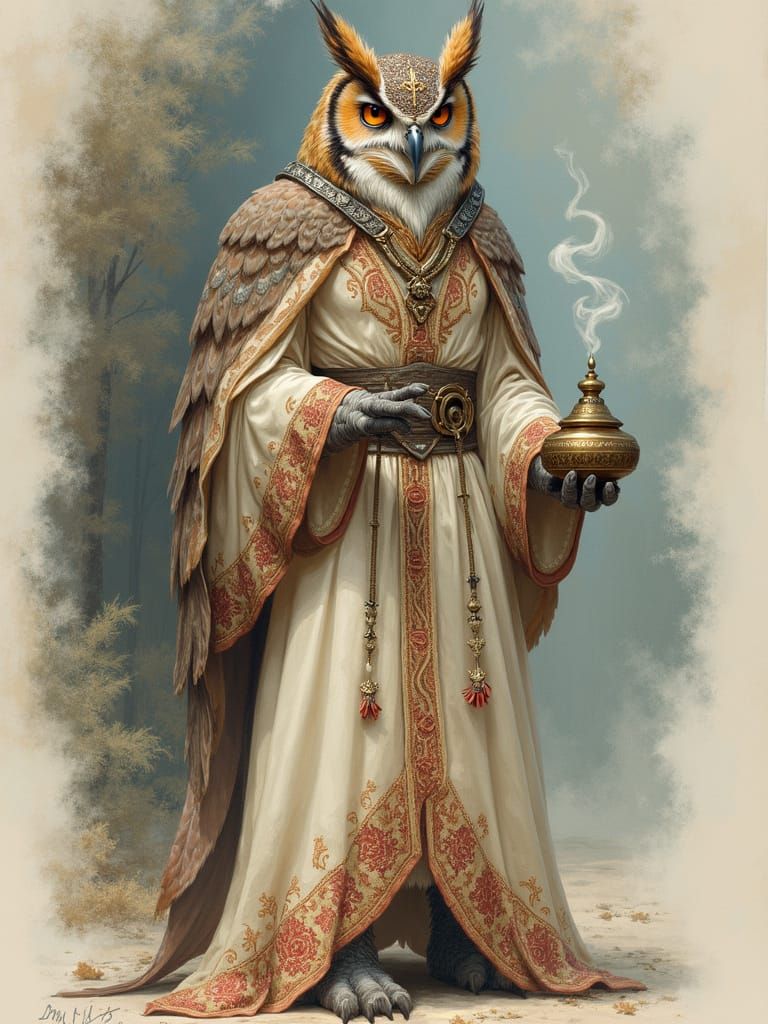 Owl Priest in Earthy Robes, Embroidered with Crimson and Gol...