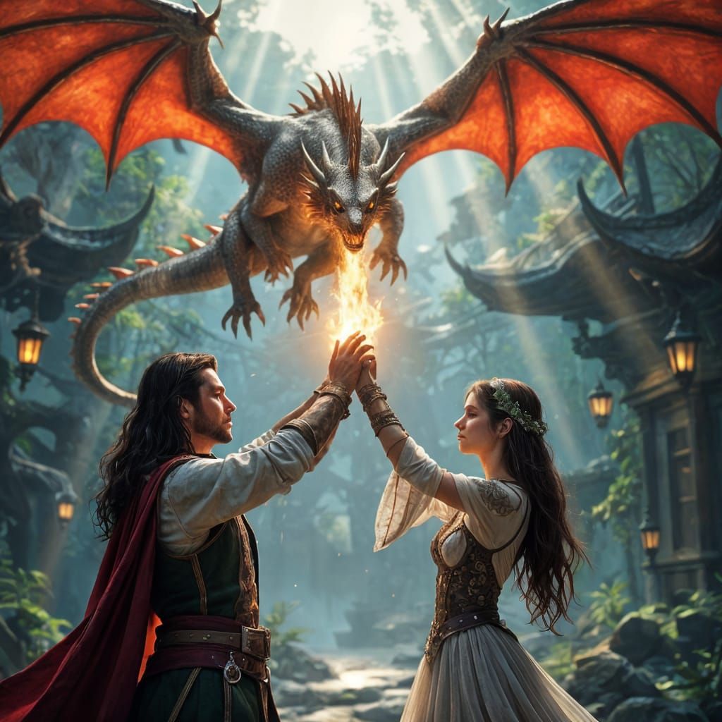 Elven Couple with Fire Dragon in Dreamy Digital Art
