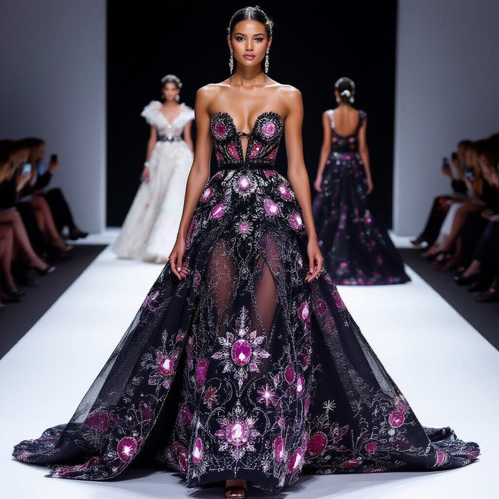 Elegant Gown with Diamonds, Pearls, and Gems