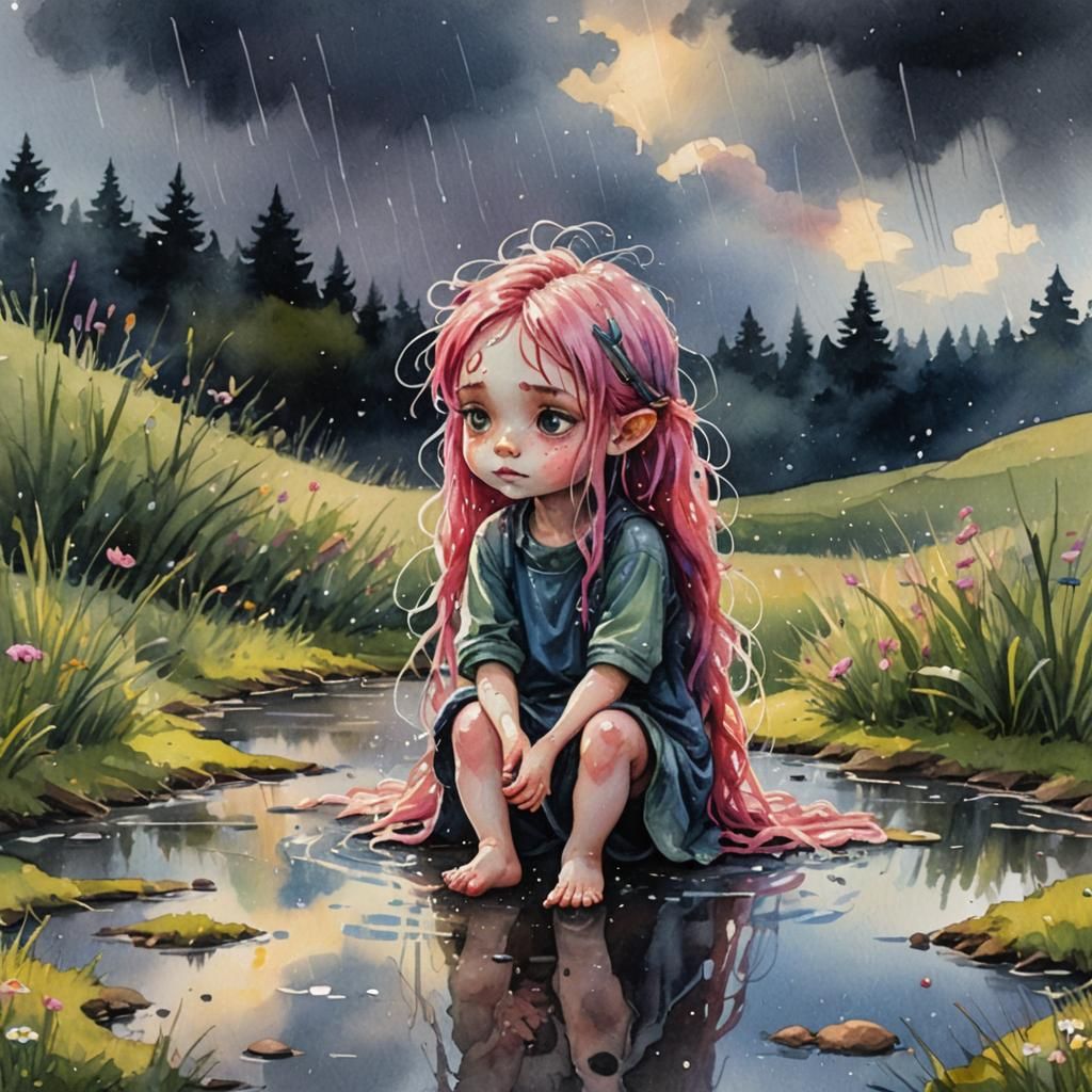 Sad Pixie Girl Under Raincloud in Watercolor Painting