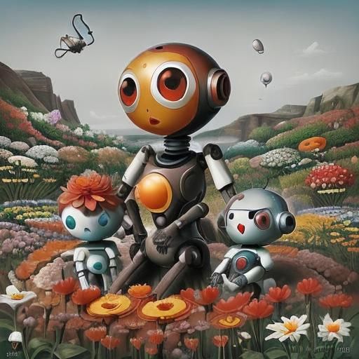 Cute Robots in a Flower Garden