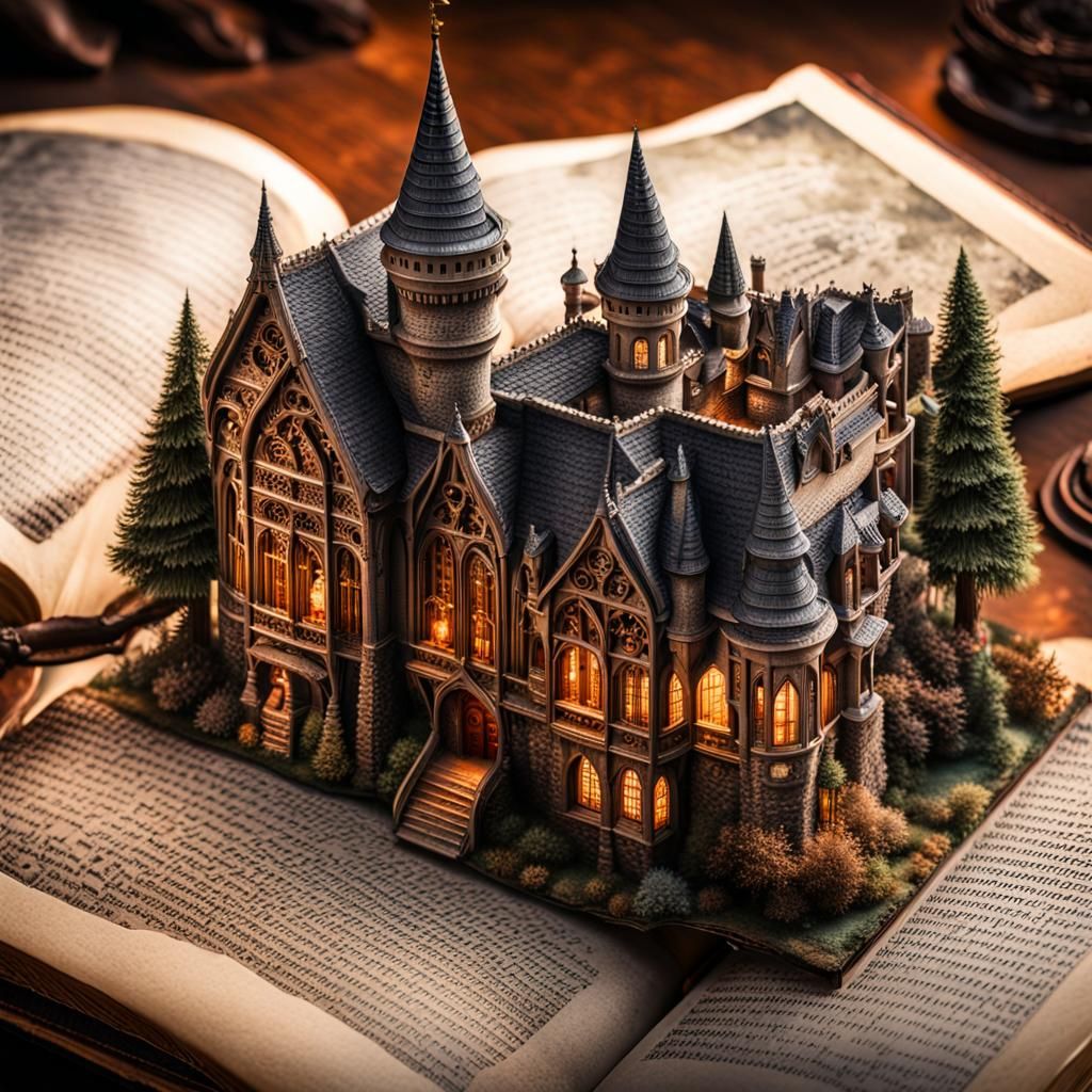 Gothic Town and Castle Inside Open Book: Hyperrealistic Phot...