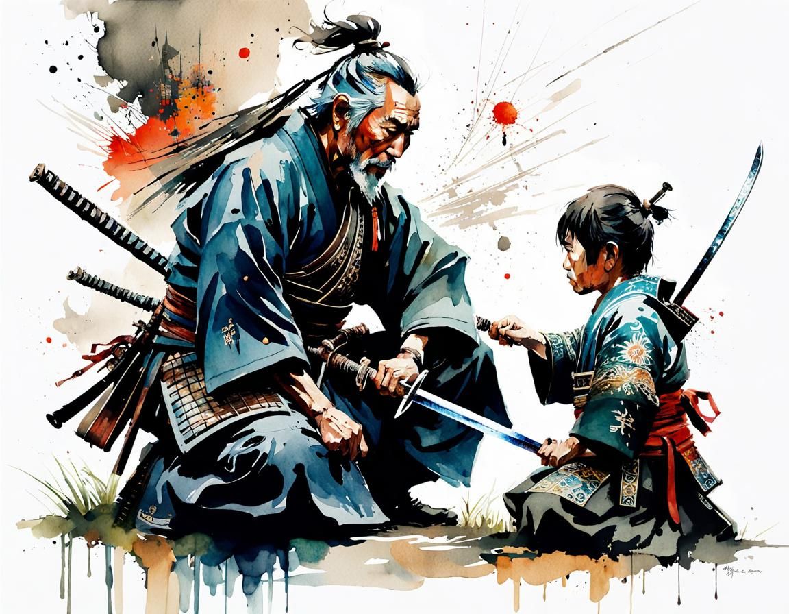Samurai Sword Handover: Watercolor Art