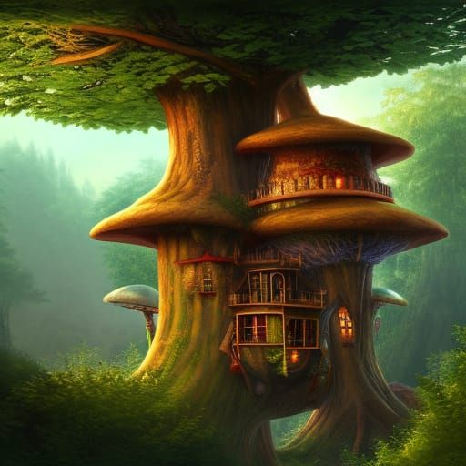 Fantastical Mushroom Tree House: Detailed Matte Painting