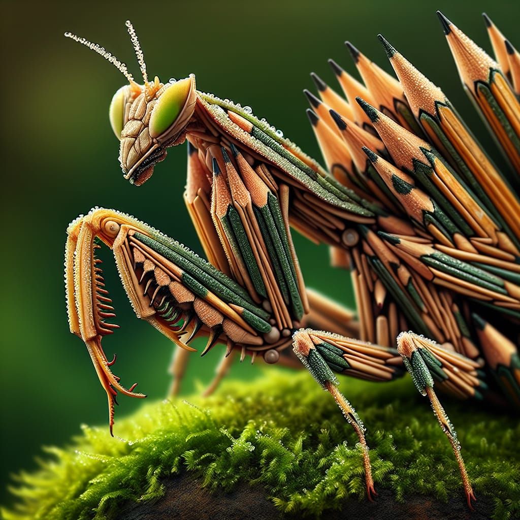 Praying Mantis Camouflaged as Pencils