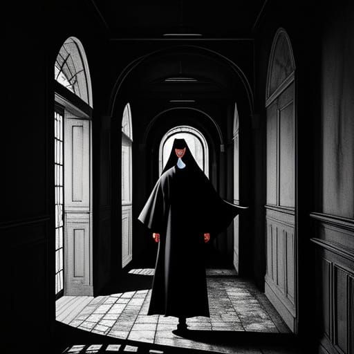 Surreal Nun Monster in Shadowed Hallway