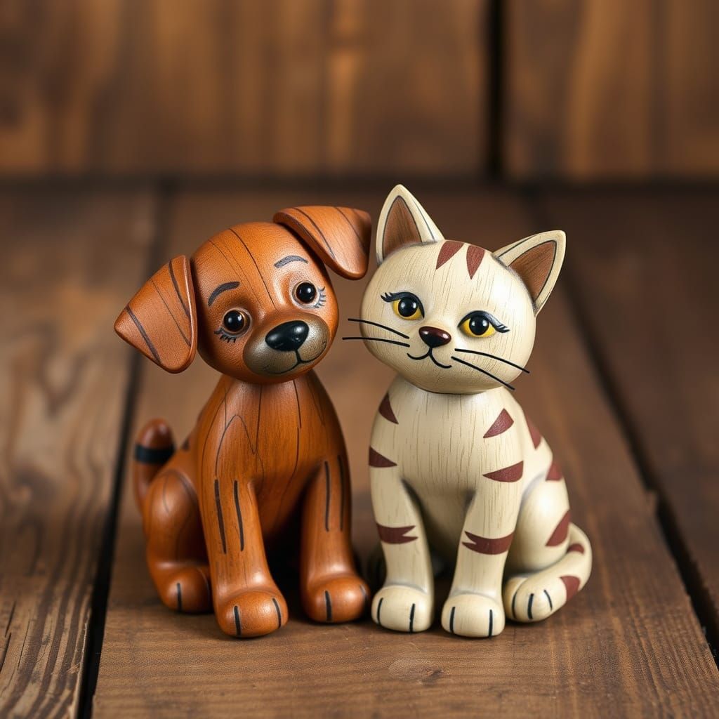 Adorable Wooden Puppy and Cat Figurines in Folk Art Style