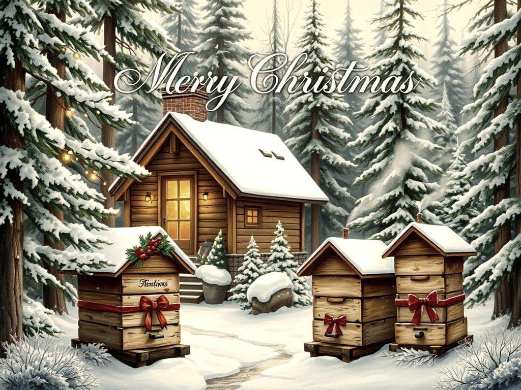 Winter Scene Christmas Greeting with Honey Bee Hives