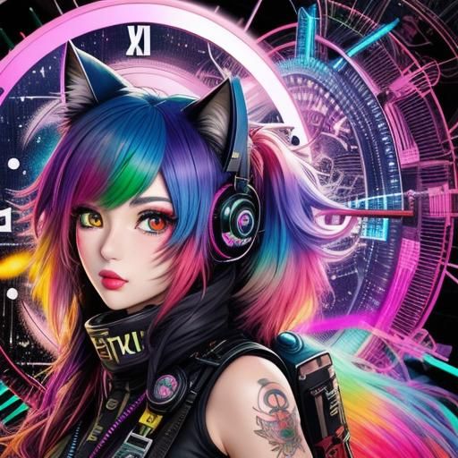 Anime Clockpunk Girl with Cat Ears in Color Explosion