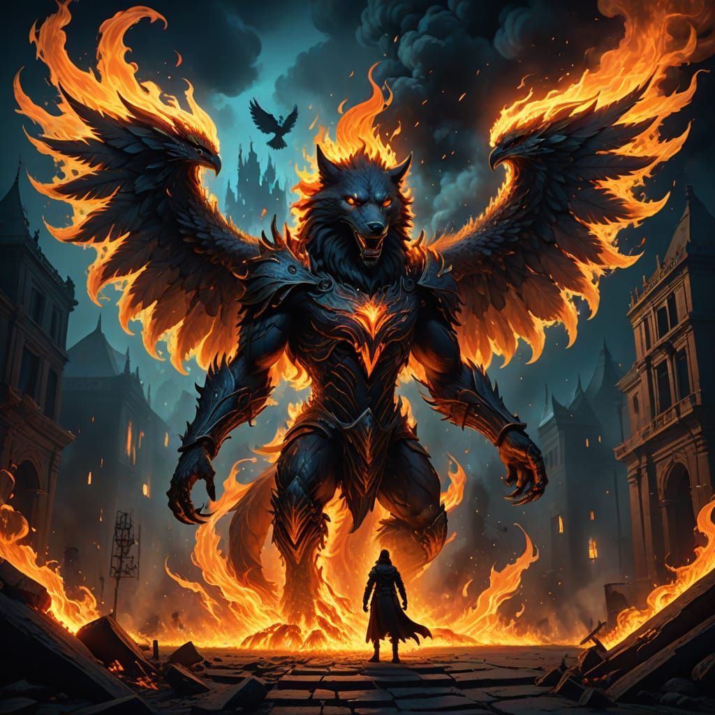 Surreal Fantasy Scene: Fiery Humanoid and Avian Creatures in...