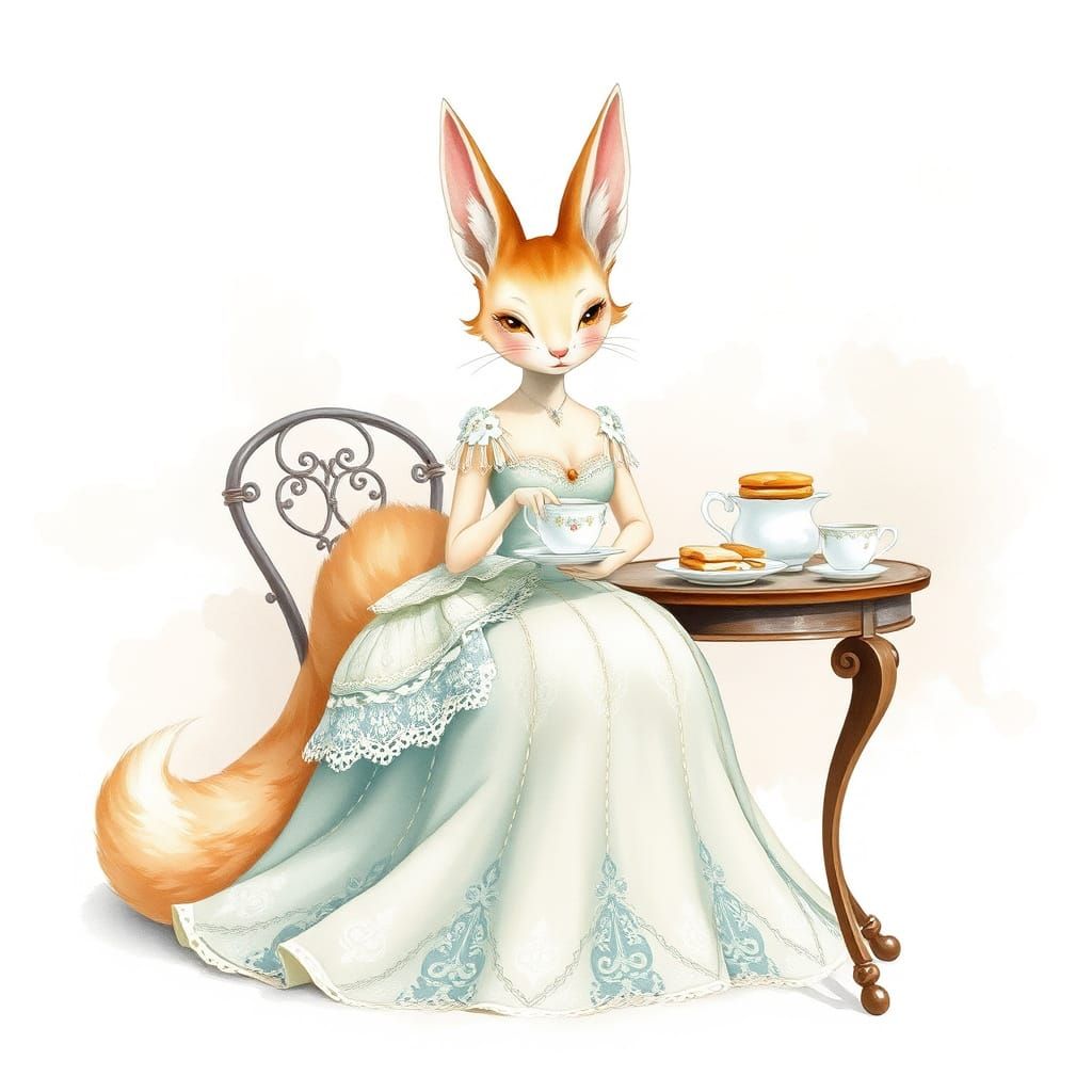 Pretty Miss Vixen Kitsune wearing a lovely gown takes Teatime with you. Elegant tea service. delicate china. Sophisticat...