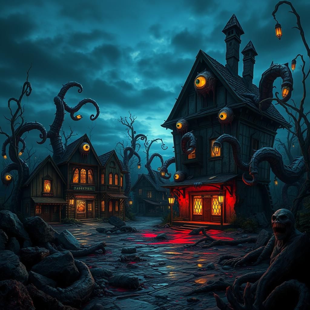 Haunted Village: Grotesque Homes in Gothic Art Style