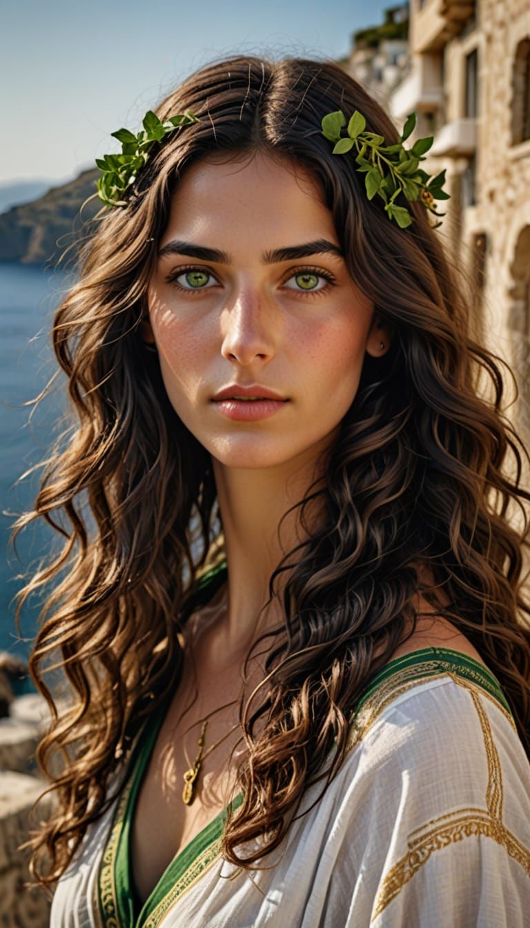 Mediterranean woman, golden skin, large and expressive green eyes and long, dark, wavy hair