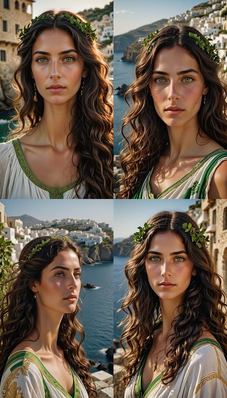 Mediterranean woman, golden skin, large and expressive green eyes and long, dark, wavy hair