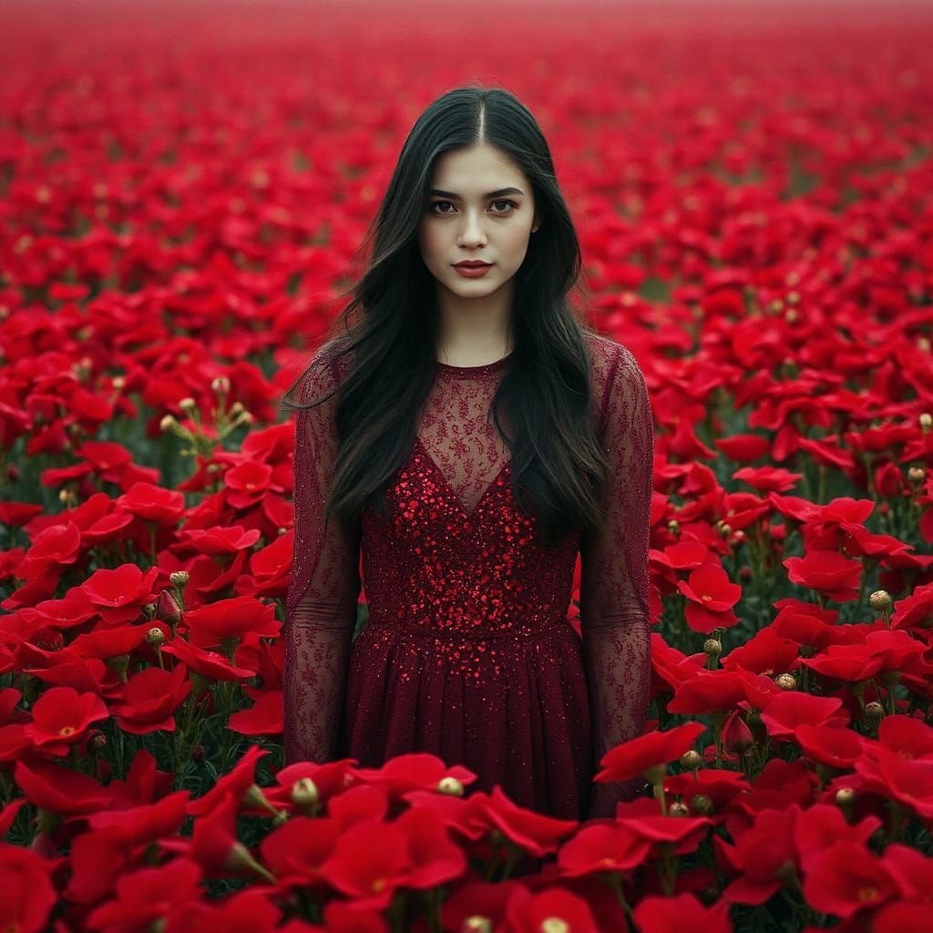 Woman in Red Dress Surrounded by Red Flowers