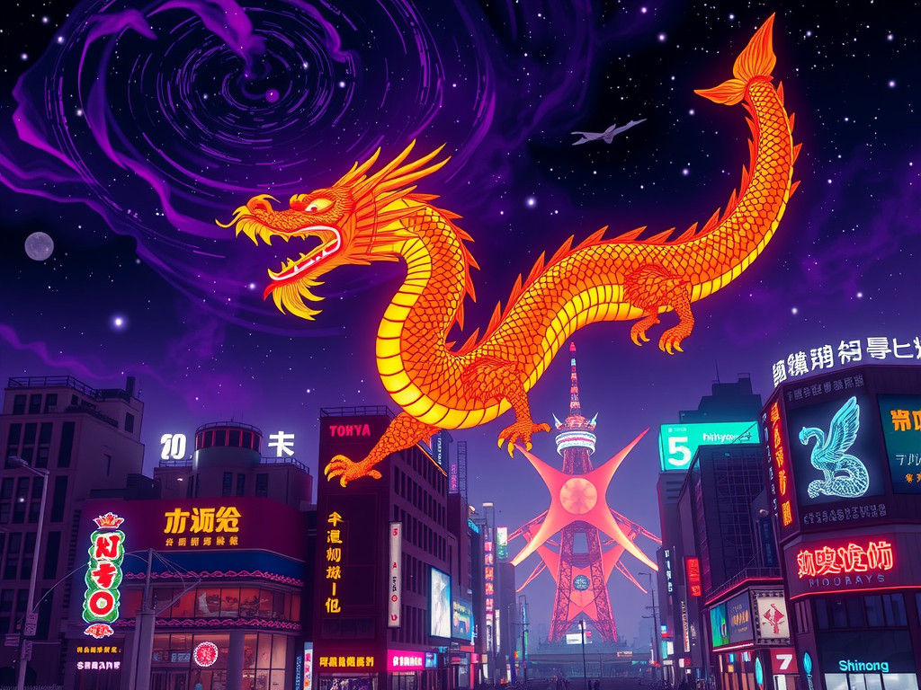 Dragon Soaring Above Shibuya in Post-Impressionist Style
