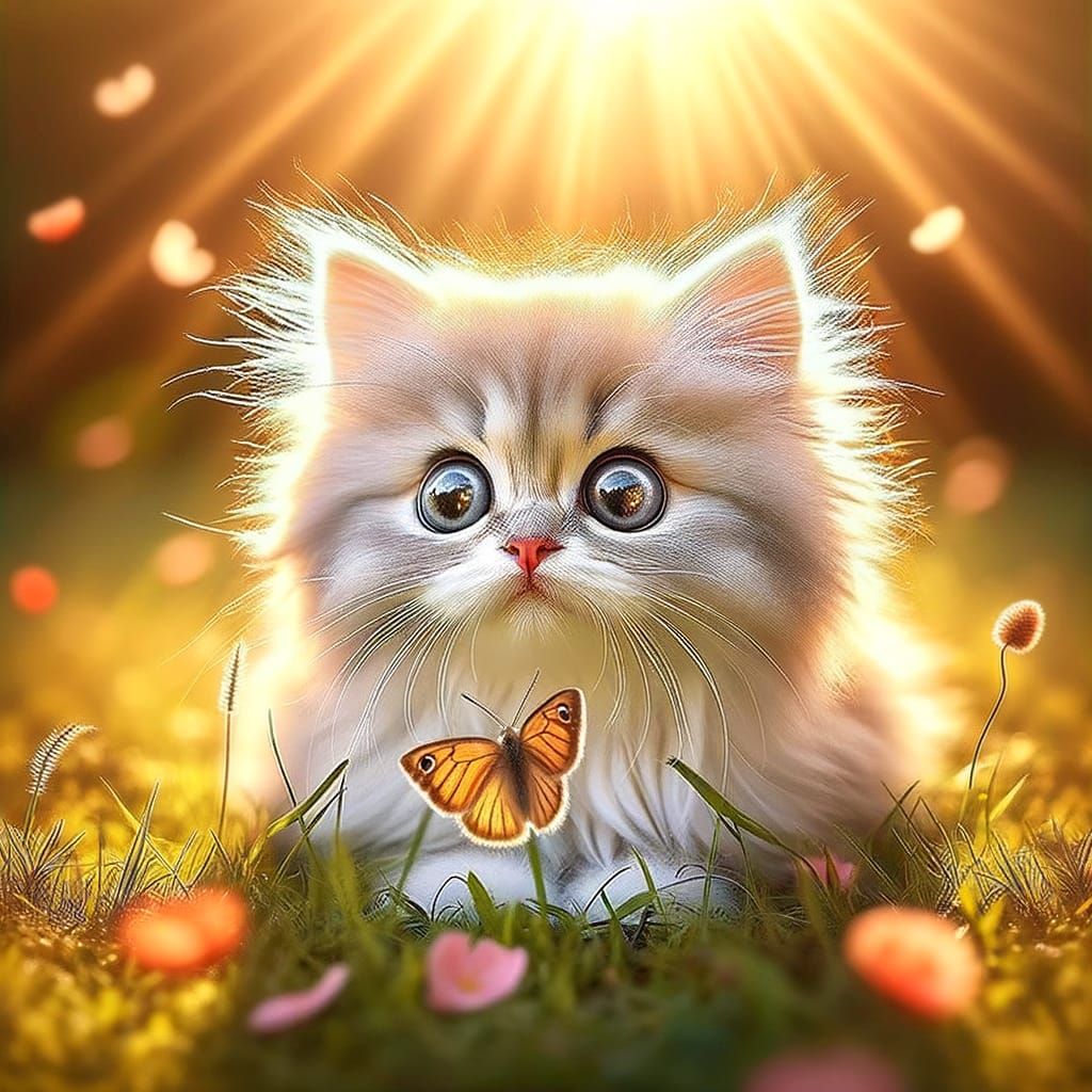 Whimsical Kitten and Butterfly Moment in Cinematic Style