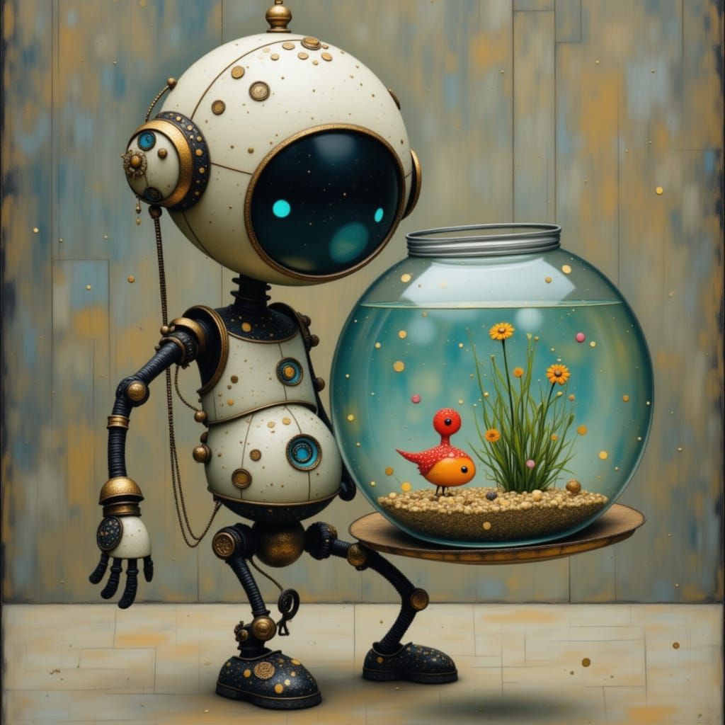 Cute Robot Holding Fishbowl with Underwater Scene