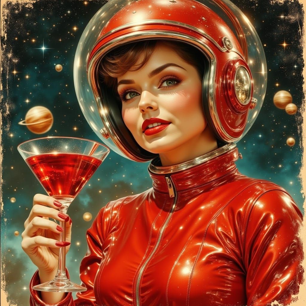 Retro Astronaut Holds Martini Glass in Space