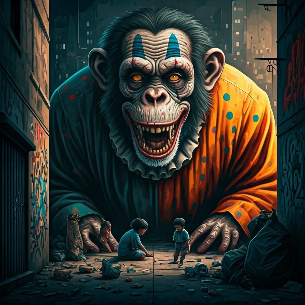Grotesque Monkey Clown Mural in Banksy Style