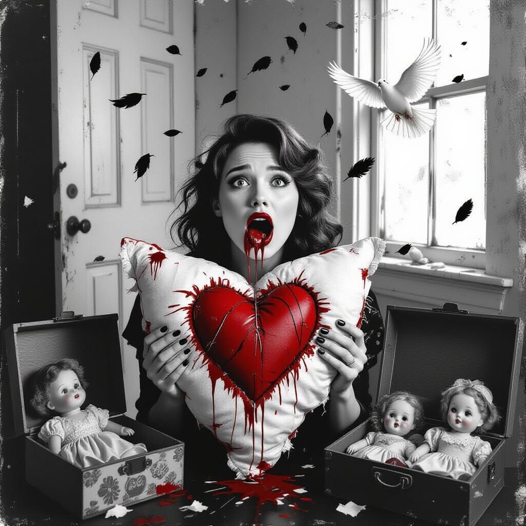 Eerie Self Portrait: Biting a Bloody Heart Pillow
