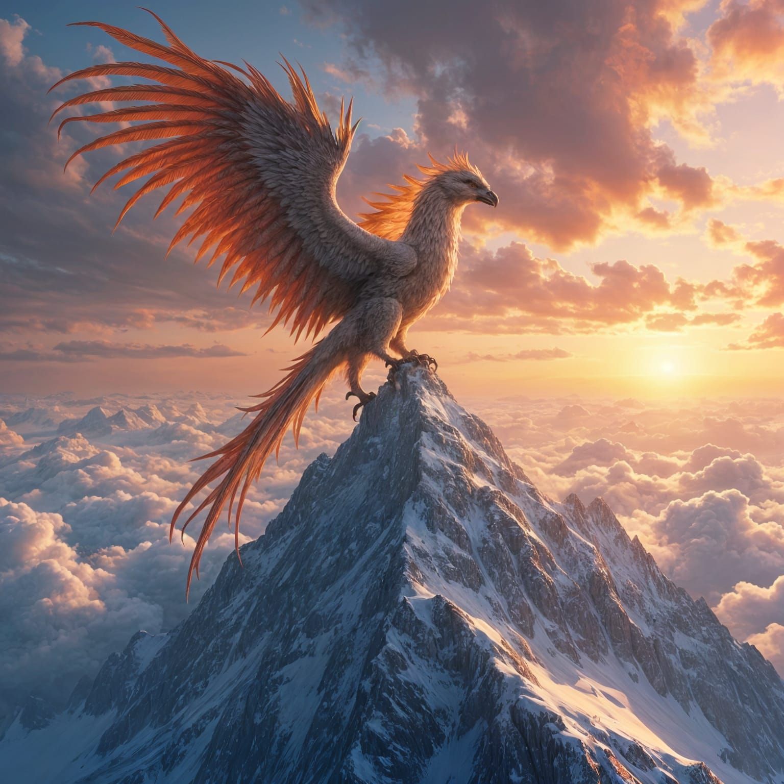 Fantasy Griffin Perched on Snow-Capped Mountain at Sunset