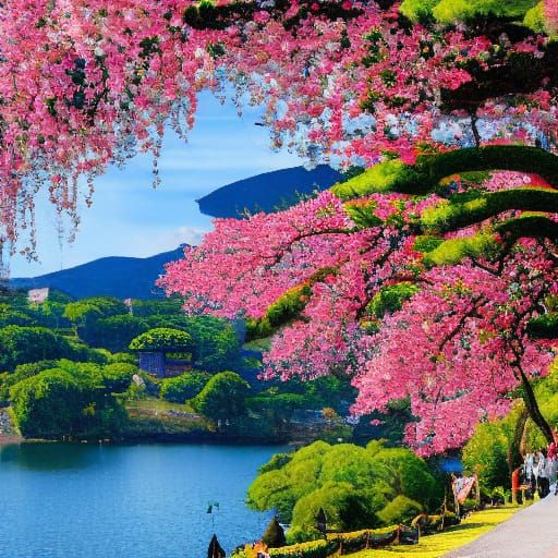 Vibrant Fauvist Painting of Ancient Sakura Tree by a Serene ...