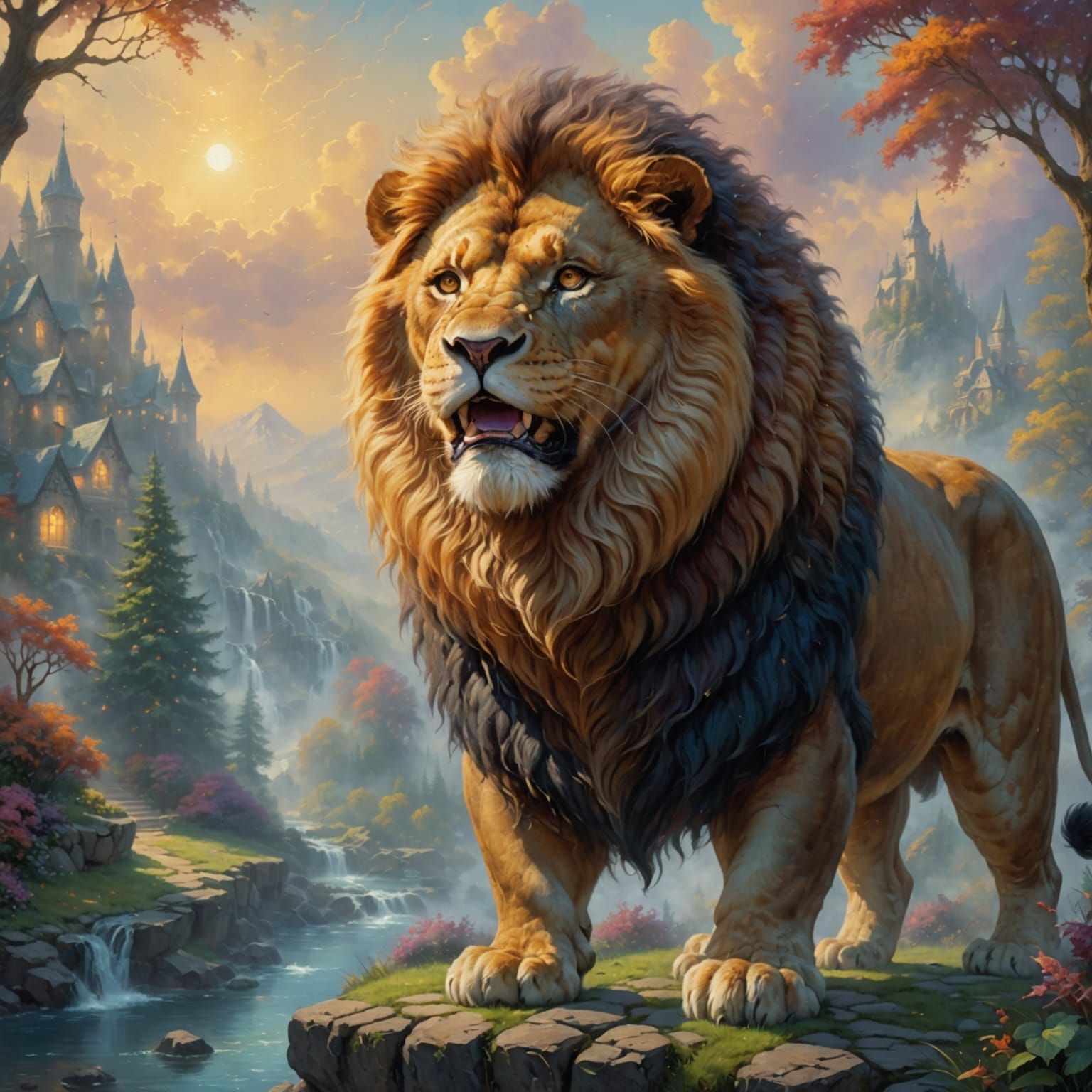 Jovial Lion with Cheerful Expression in Ethereal Fantasy Sce...