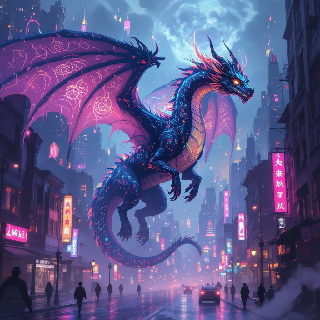 Bioluminescent Dragon Soaring Through Cyberpunk Metropolis