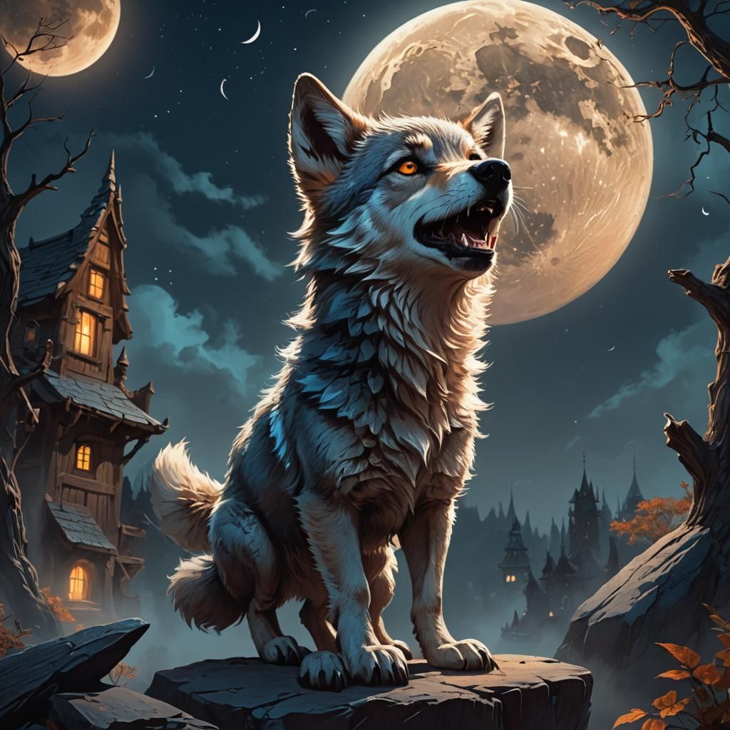 Cute Baby Wolf Howling at Moon, Fantasy Art