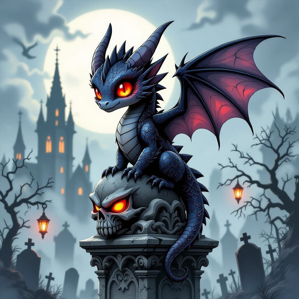 Gothic Chibi Dragon Overlooking Misty Graveyard