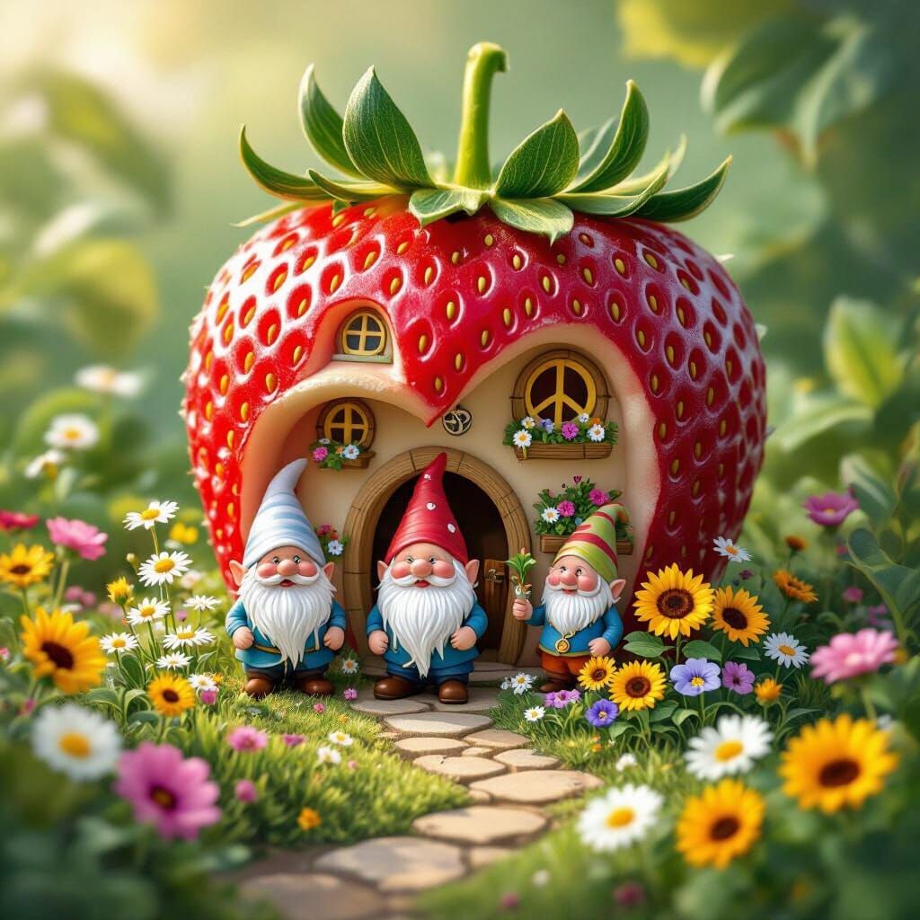 Strawberry Village with Gnomes in Children's Illustration St...