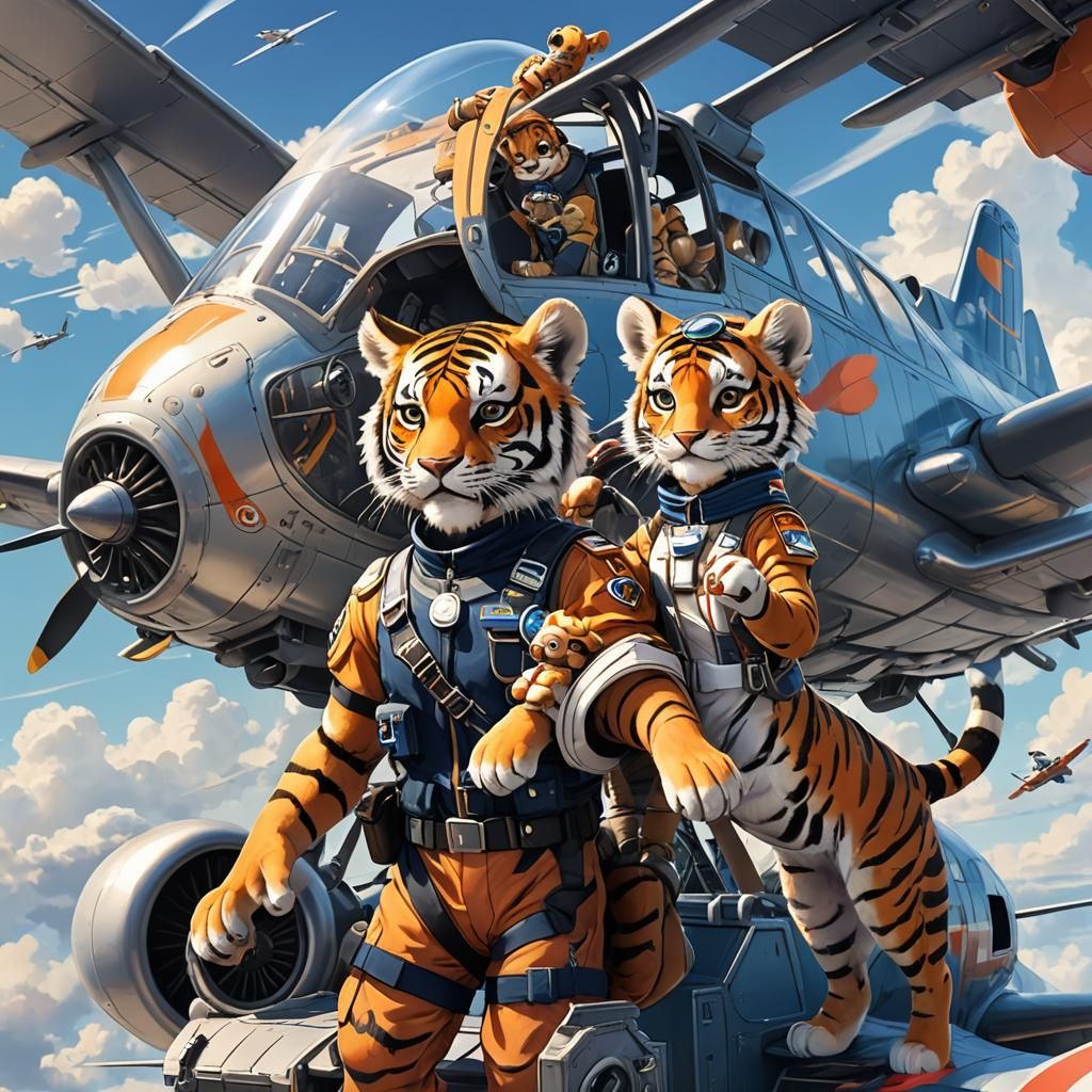 Tiger Pilot and Cub in Airplane Cockpit: 3D Anime Art