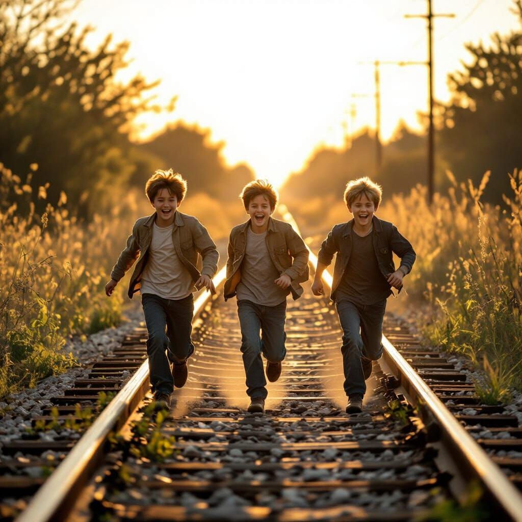Boys Running on Railway Track in Cinematic Style