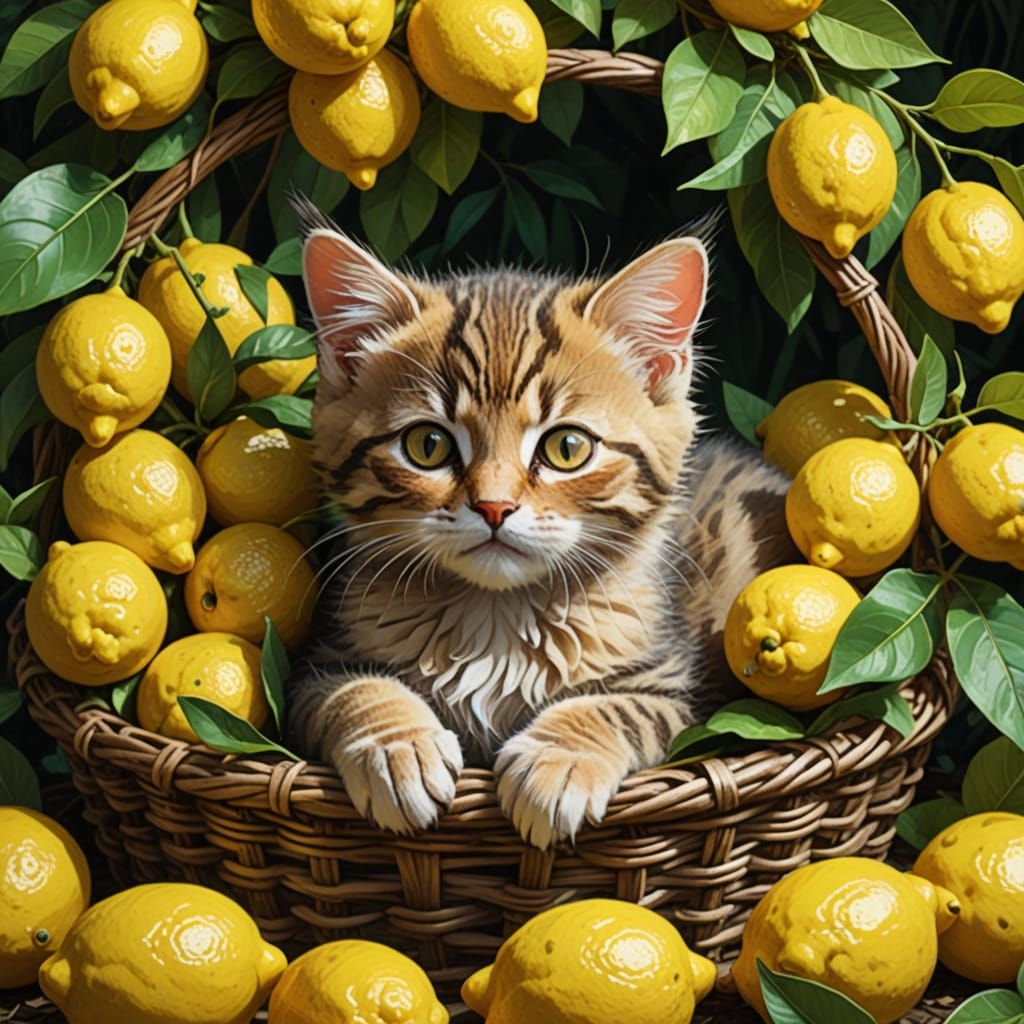 Whimsical Lemon Kitten Amidst a Basket of Fruit