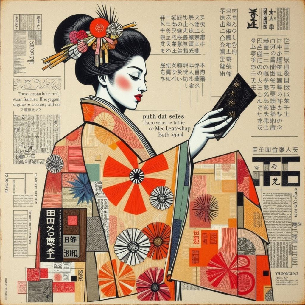 Colorful Japanese Woman in Yukata with Embroidery Collage