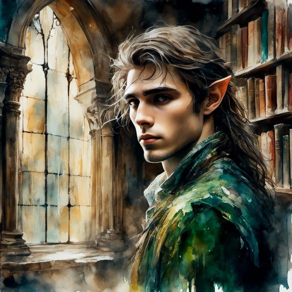 Surreal Elf Portrait in Outdoor Library, Hyperrealistic Styl...