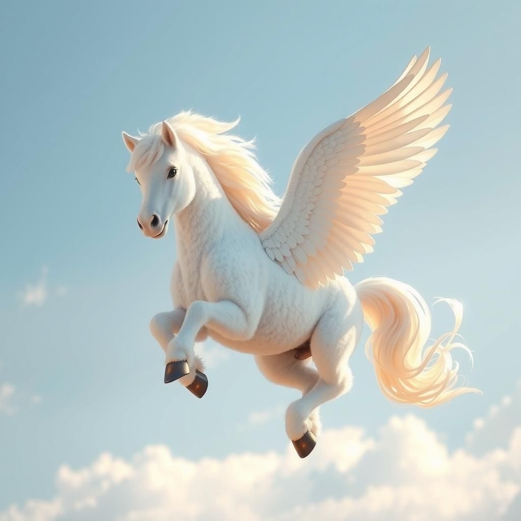 Fluffy Pegasus Soaring in a Clear Blue Sky