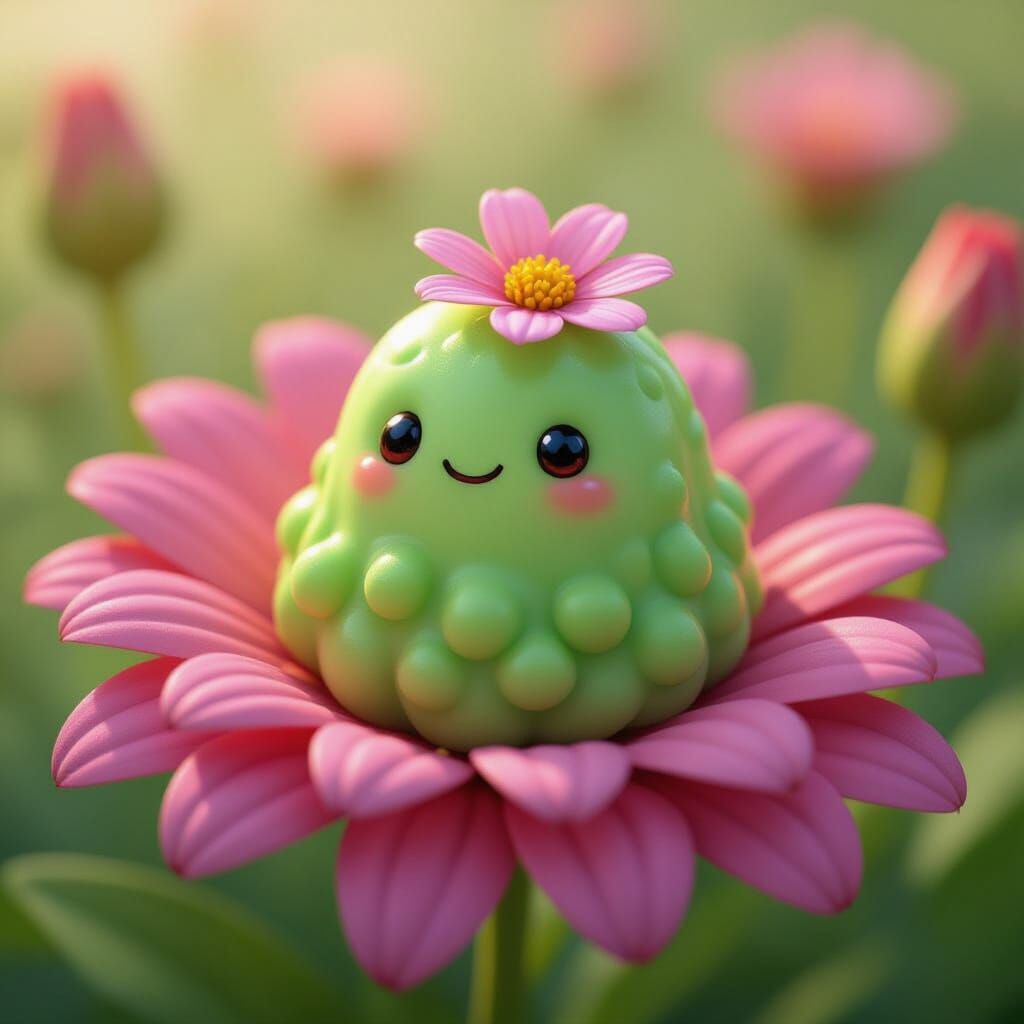 Realistic Green Blob in Flower with Petal Hat
