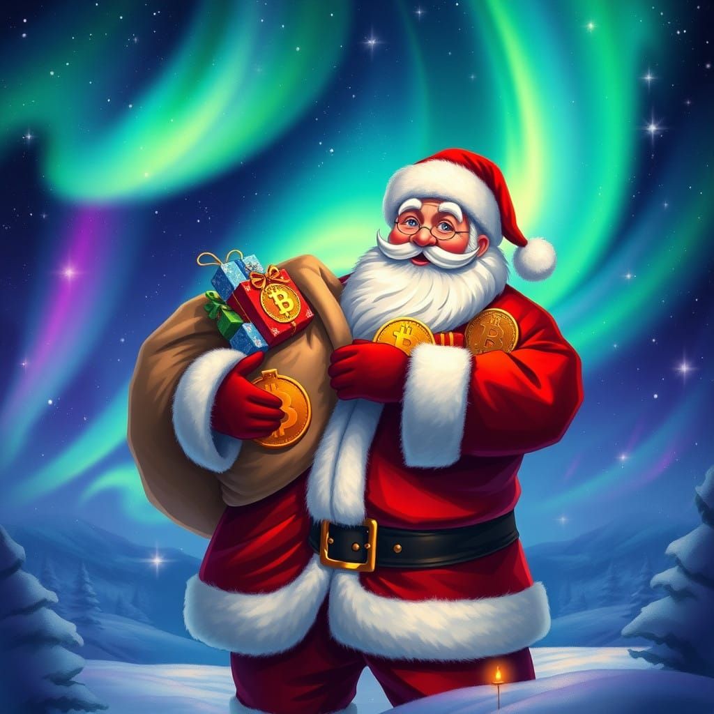 Jolly Santa Claus Surrounded by Northern Lights and Bitcoin-...