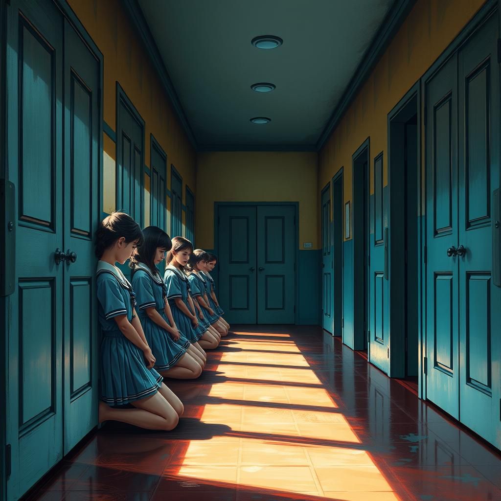 Boarding School Girls Kneeling in Hyperrealistic Style
