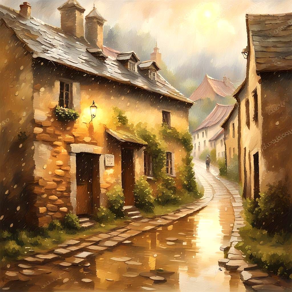 Picturesque Old Village Landscape in Rainy Weather