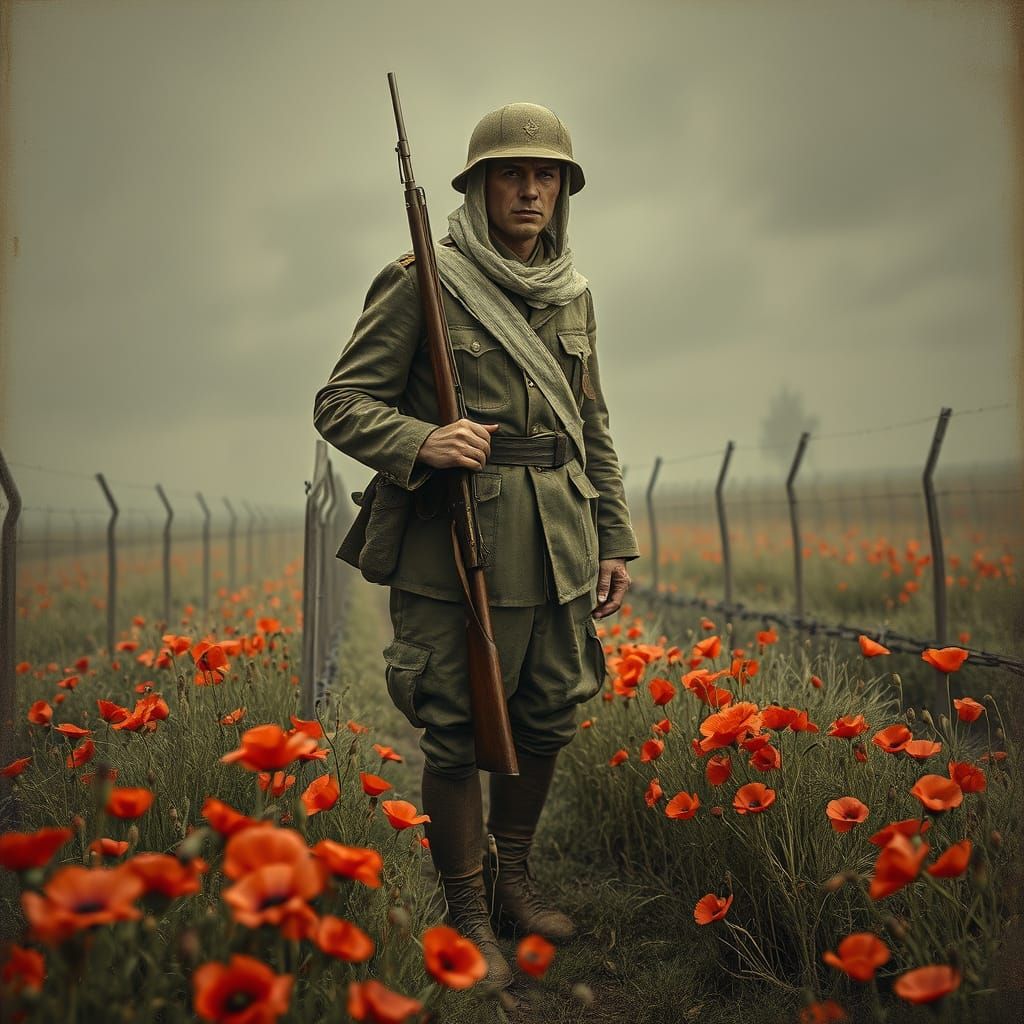 Ghostly WWI Soldier in Poppy Field: Vintage Style