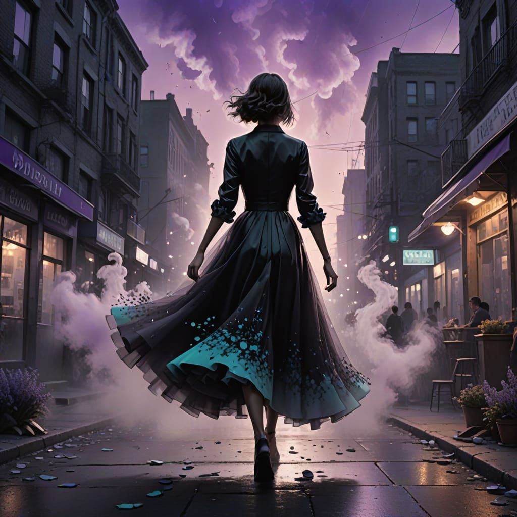 Surreal Grayscale Cityscape with Turquoise Mist