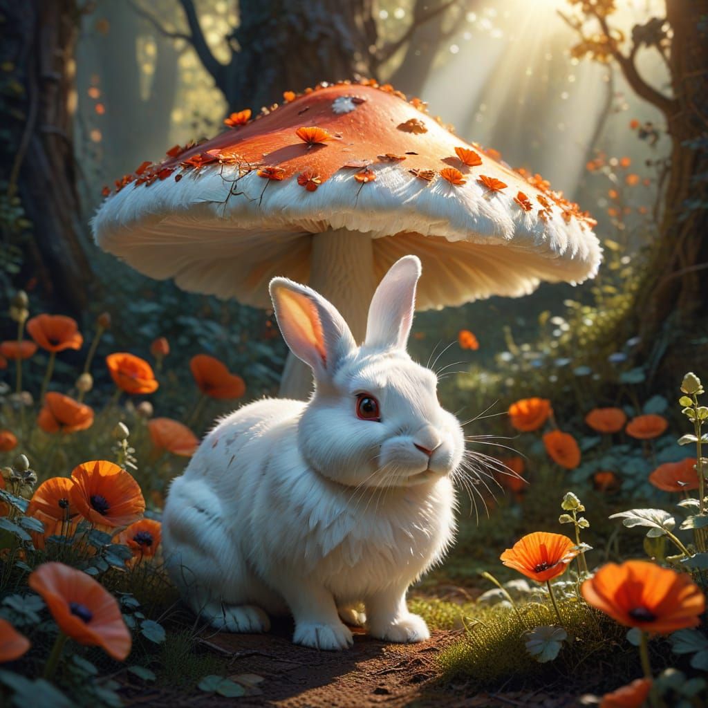 Fluffy White Rabbit Behind Glowing Mushroom