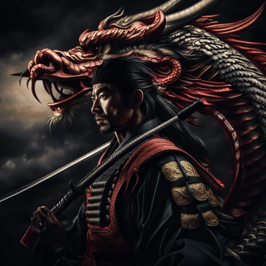 Samurai and Dragon: Hyperrealistic 64 Megapixel Image